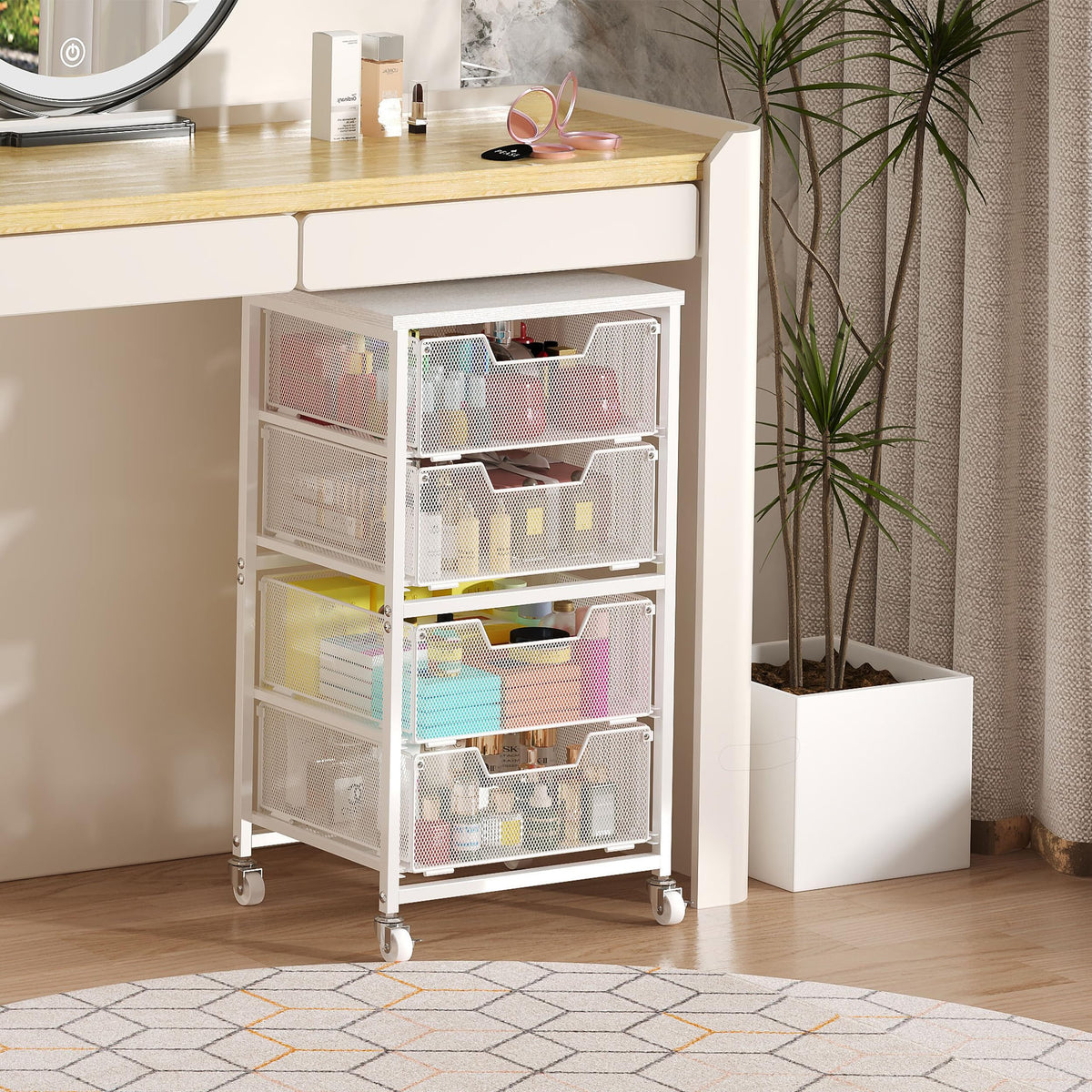 White 4 Drawer Rolling Storage Cart with Wooden Top H90088