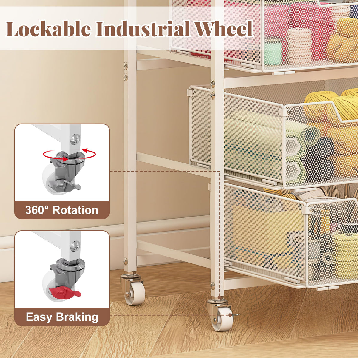 White 4 Drawer Rolling Storage Cart with Wooden Top H90088