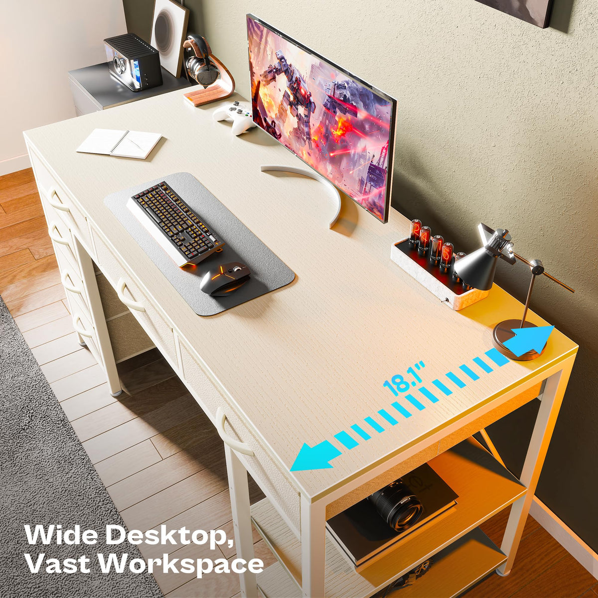 White 6 Drawer Computer Desk with Shelves Y5662