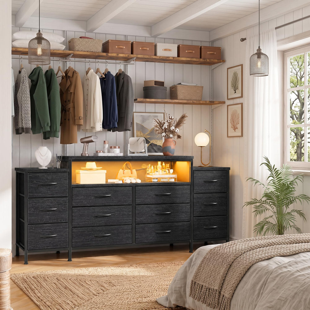 12 Drawer Dresser with LED Lights and Charging A5013