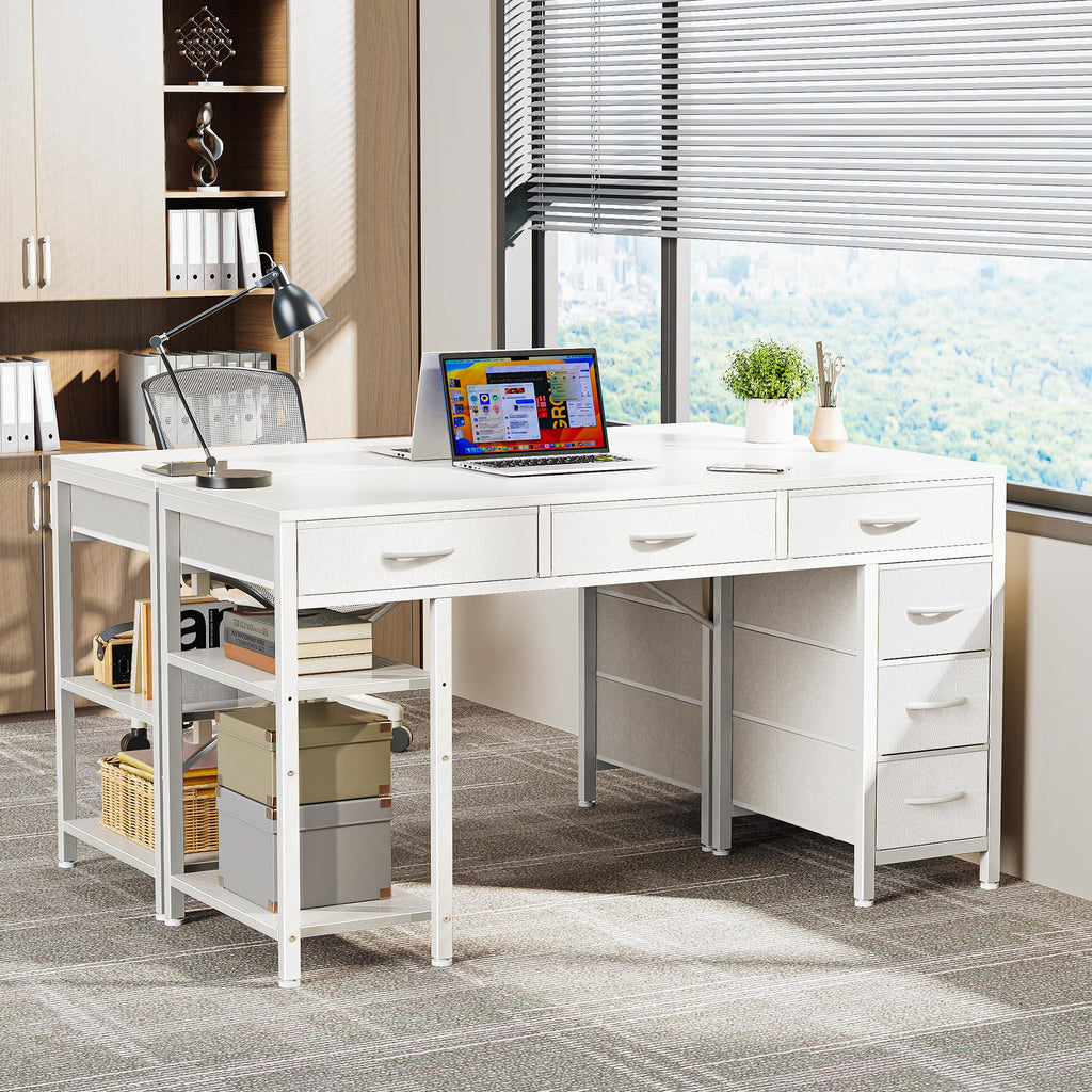 White 6 Drawer Computer Desk with Shelves Y5662