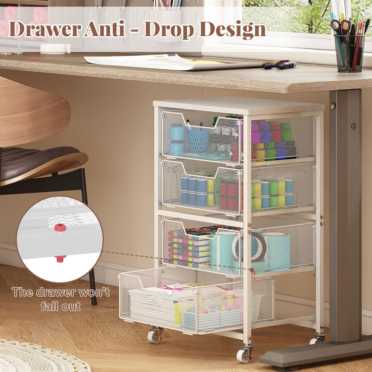 White 4 Drawer Rolling Storage Cart with Wooden Top H90088