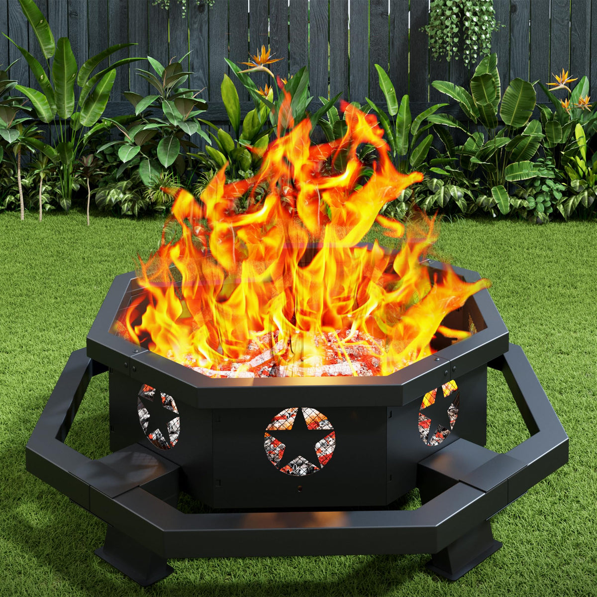 45 Inch Black Wood Burning Octagonal Fire Pit with Poker Q2152