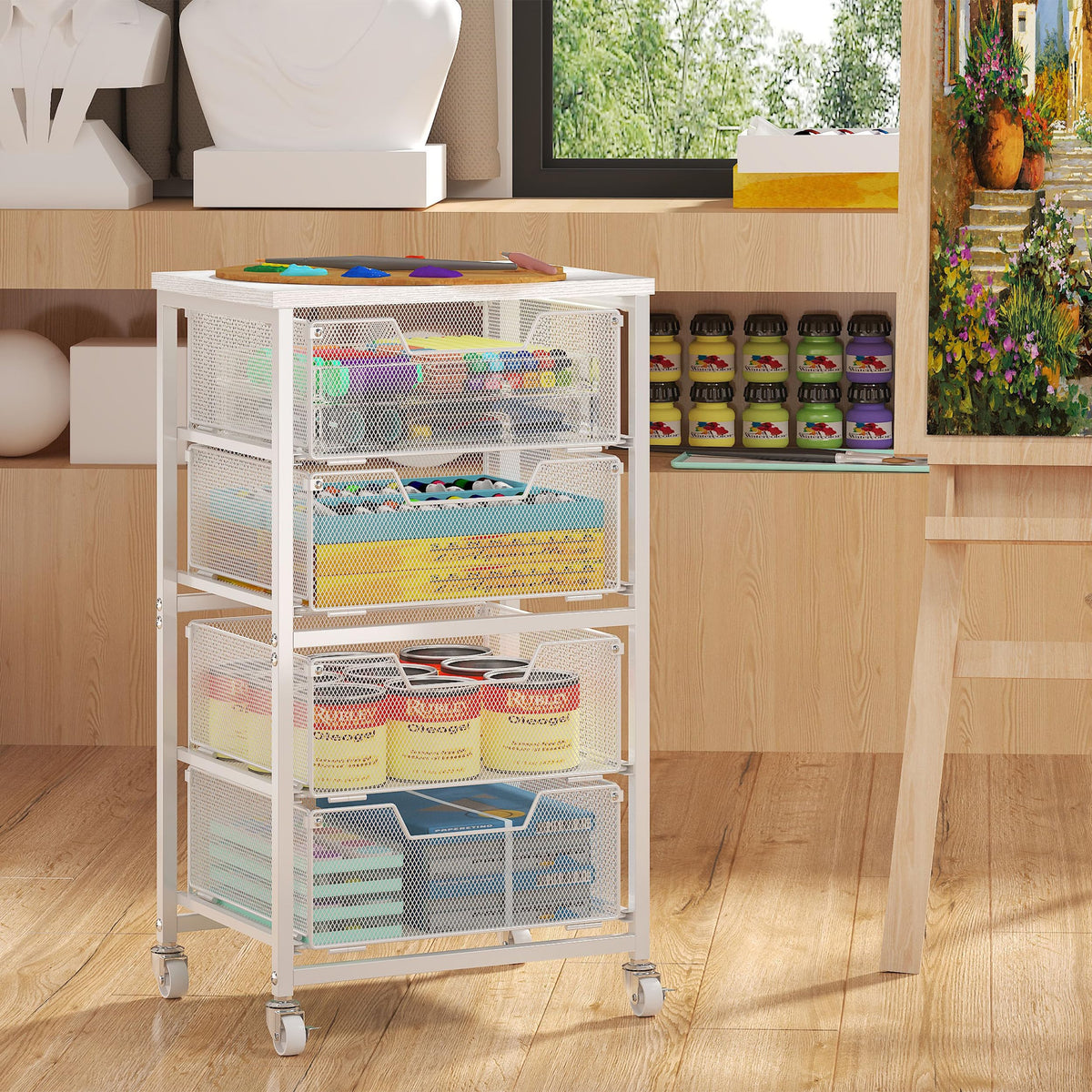 White 4 Drawer Rolling Storage Cart with Wooden Top H90088